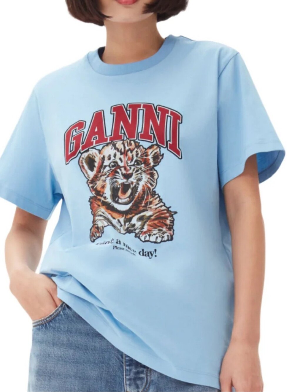 Ganni Organic Cotton Relaxed Baby Tiger T Shirt Blue NWT Size L